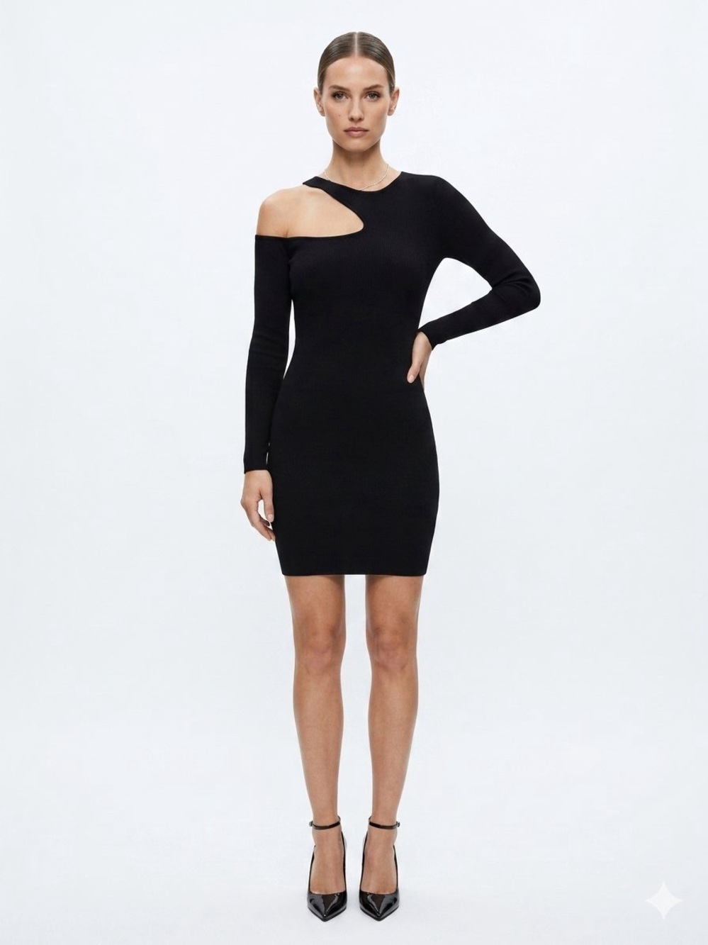 Guess Black One-Shoulder Cutout Long-Sleeve Bodycon Dress